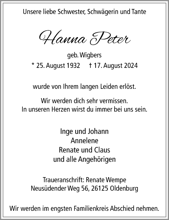 Traueranzeige von Hannah Peter von Nordwest-Zeitung