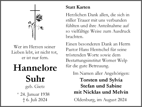 Traueranzeige von Hannelore Suhr von Nordwest-Zeitung