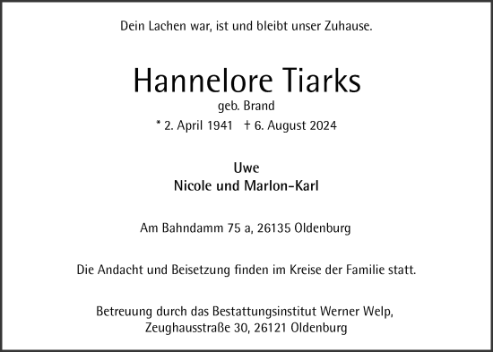 Traueranzeige von Hannelore Tiarks von Nordwest-Zeitung