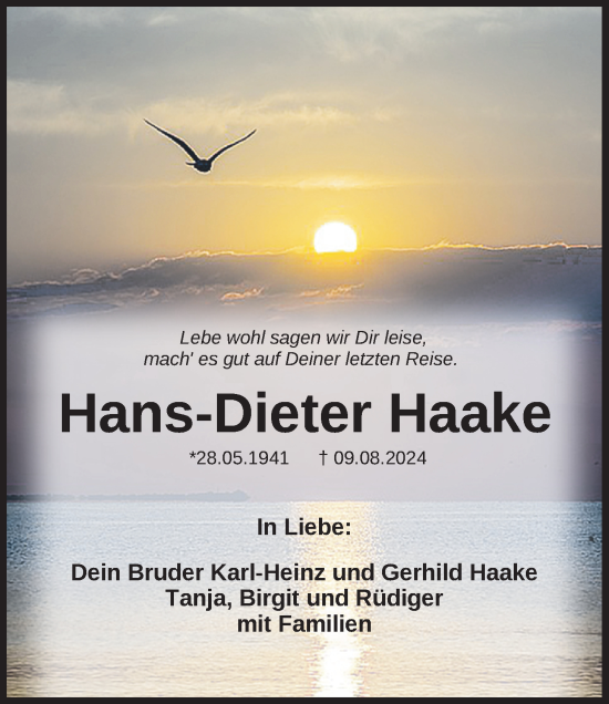 Traueranzeige von Hans-Dieter Haake von WZ/JW/AH