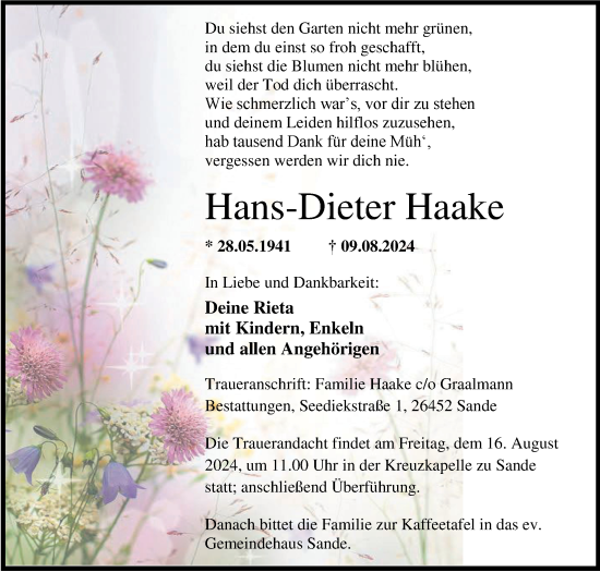 Traueranzeige von Hans-Dieter Haake von WZ/JW/AH