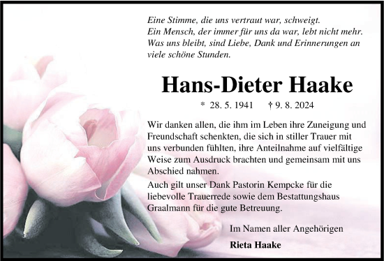 Traueranzeige von Hans-Dieter Haake von WZ/JW/AH