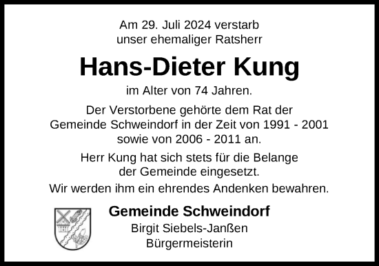 Traueranzeige von Hans-Dieter Kung von WZ/JW/AH