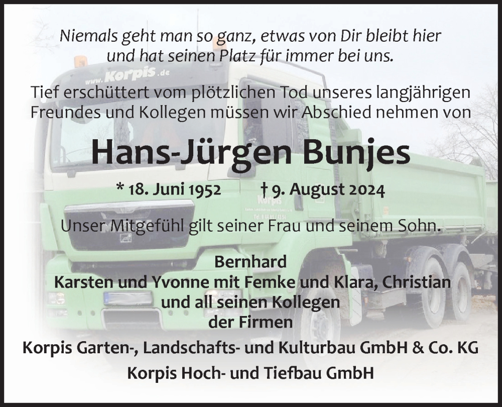  Traueranzeige für Hans-Jürgen Bunjes vom 16.08.2024 aus Nordwest-Zeitung