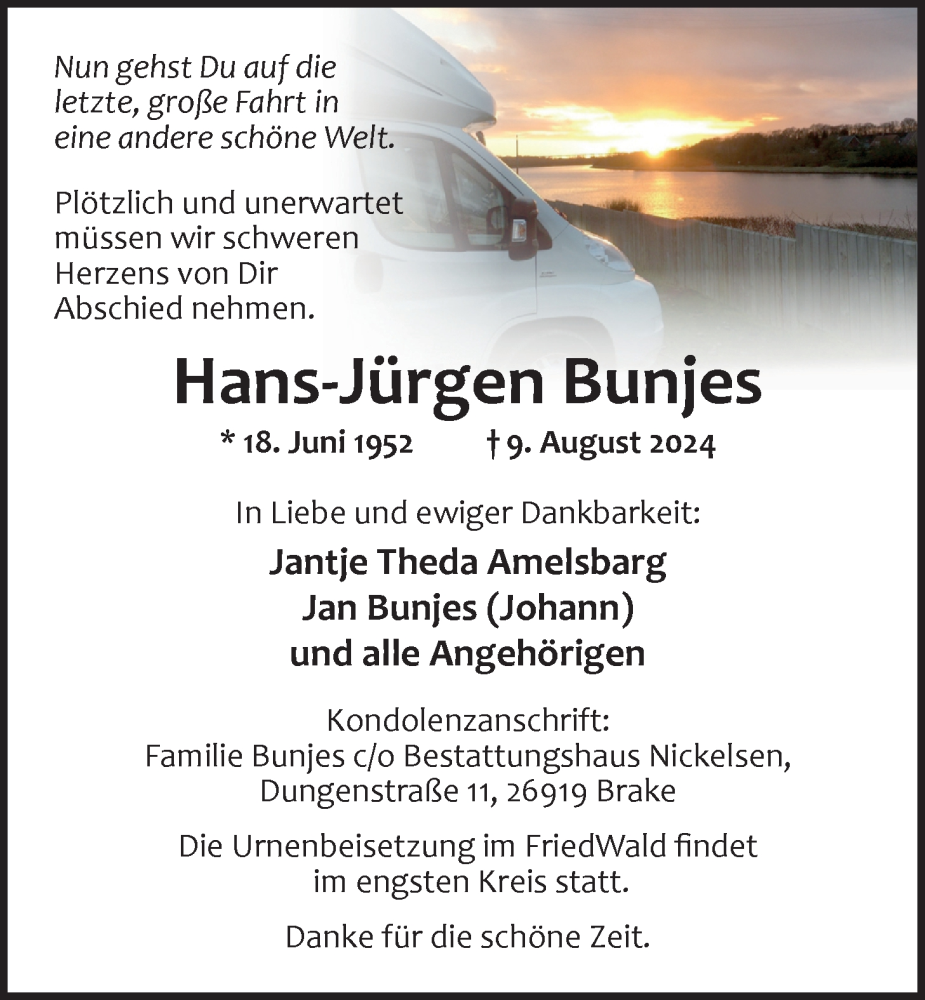  Traueranzeige für Hans-Jürgen Bunjes vom 16.08.2024 aus Nordwest-Zeitung