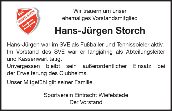 Traueranzeige von Hans-Jürgen Storch von Nordwest-Zeitung