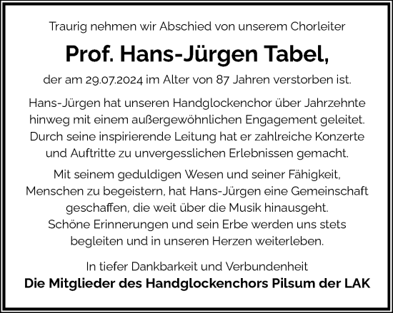 Traueranzeige von Hans-Jürgen Tabel von Emder Zeitung