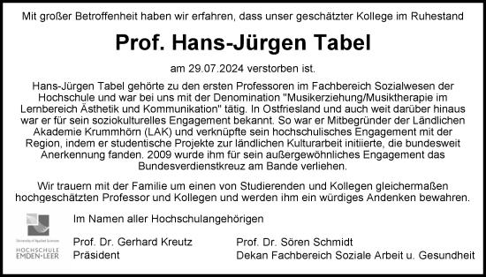 Traueranzeige von Hans-Jürgen Tabel von Emder Zeitung