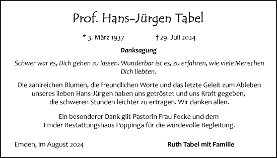 Traueranzeige von Hans-Jürgen Tabel von Emder Zeitung