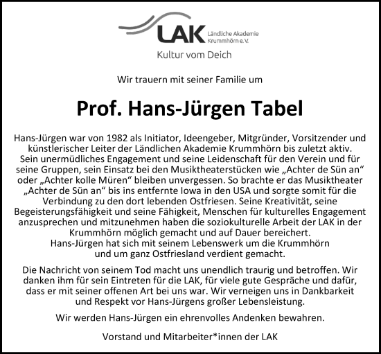 Traueranzeige von Hans-Jürgen Tabel von Emder Zeitung