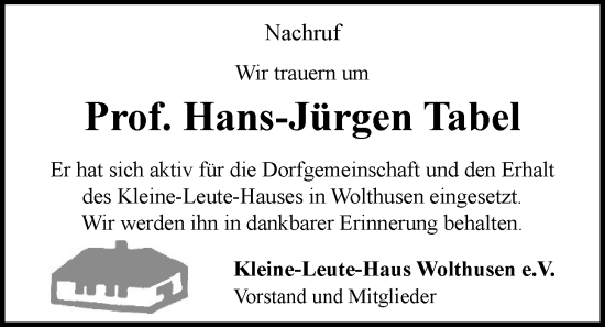 Traueranzeige von Hans-Jürgen Tabel von Emder Zeitung