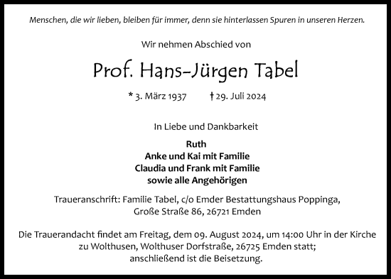 Traueranzeige von Hans-Jürgen Tabel von Emder Zeitung