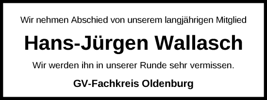 Traueranzeige von Hans-Jürgen Wallasch von Nordwest-Zeitung