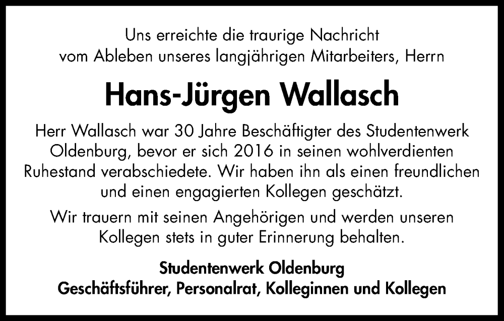  Traueranzeige für Hans-Jürgen Wallasch vom 29.08.2024 aus Nordwest-Zeitung