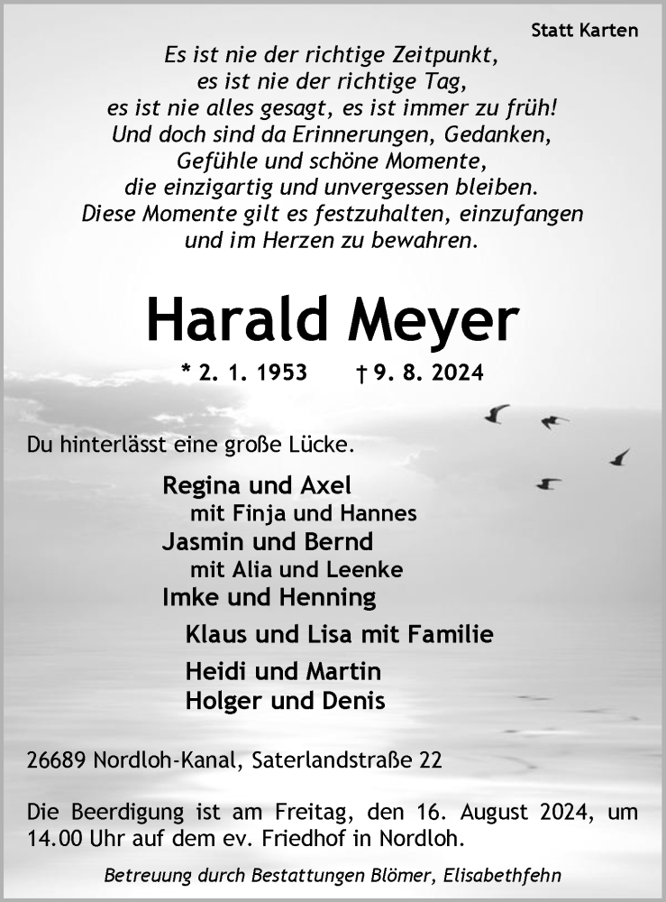  Traueranzeige für Harald Meyer vom 13.08.2024 aus Nordwest-Zeitung