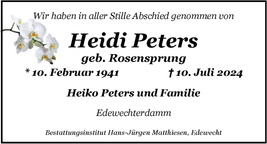 Traueranzeige von Heidemarie Peters von Nordwest-Zeitung