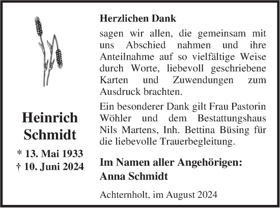 Traueranzeige von Heinrich Schmidt von Nordwest-Zeitung