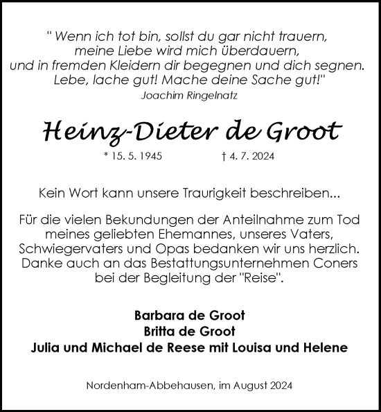 Traueranzeige von Heinz-Dieter de Groot von Nordwest-Zeitung