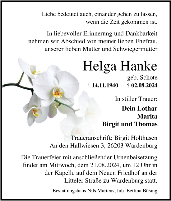 Traueranzeige von Helga Hanke von Nordwest-Zeitung