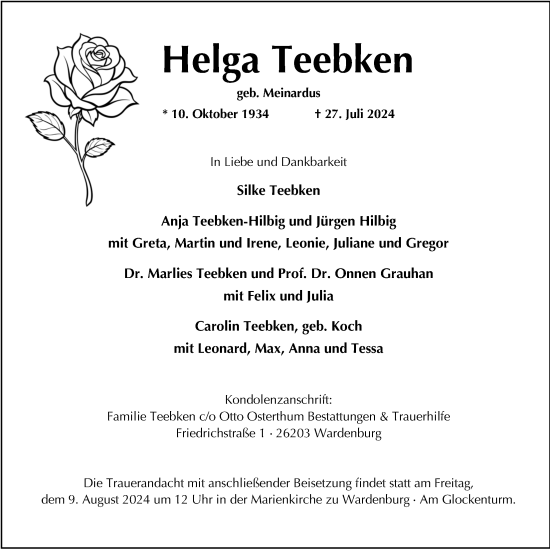 Traueranzeige von Helga Teebken von Nordwest-Zeitung