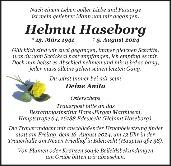 Traueranzeige von Helmut Haseborg von WZ/JW/AH