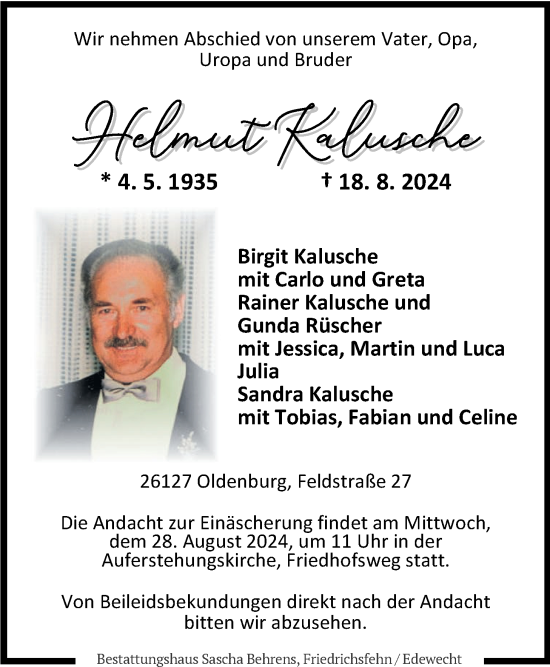 Traueranzeige von Helmut Kalusche von Nordwest-Zeitung