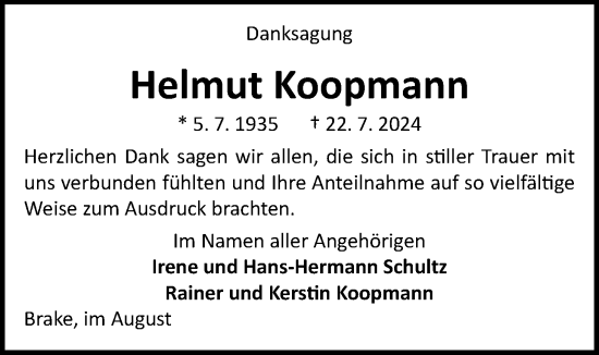 Traueranzeige von Helmut Koopmann von Nordwest-Zeitung