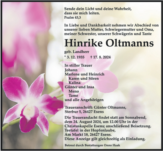 Traueranzeige von Hinrike Oltmanns von WZ/JW/AH