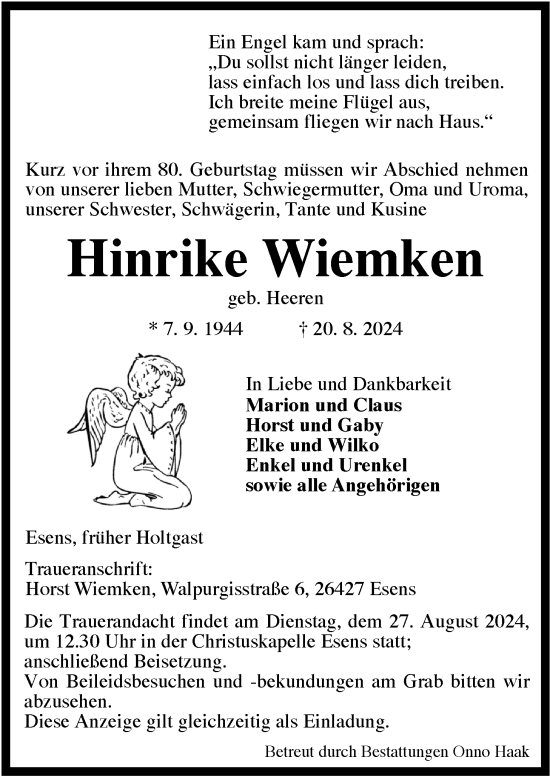 Traueranzeige von Hinrike Wiemken von WZ/JW/AH