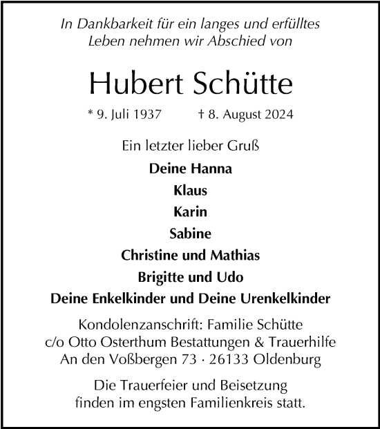 Traueranzeige von Hubert Schütte von Nordwest-Zeitung