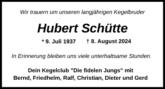 Traueranzeige von Hubert Schütte von Nordwest-Zeitung