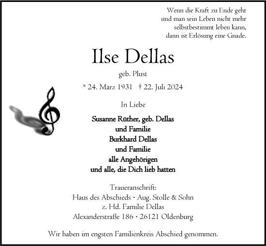 Traueranzeige von Ilse Dellas von Nordwest-Zeitung