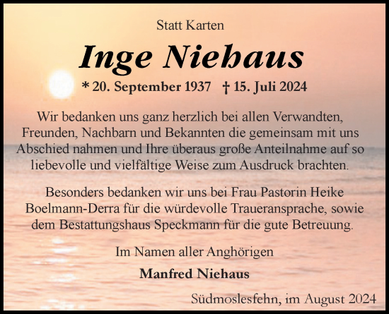 Traueranzeige von Inge Niehaus von Nordwest-Zeitung