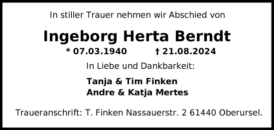 Traueranzeige von Ingeborg Herta Berndt von Nordwest-Zeitung