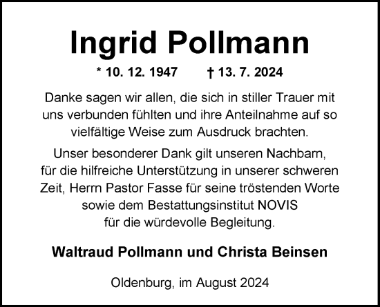 Traueranzeige von Ingrid Pollmann von Nordwest-Zeitung