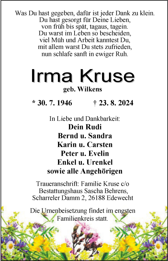 Traueranzeige von Irma Kruse von Nordwest-Zeitung