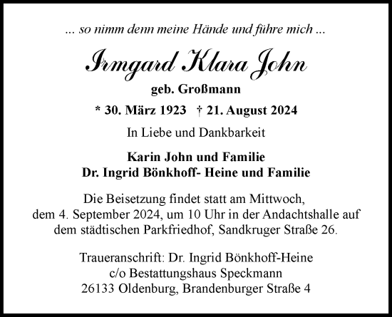 Traueranzeige von Irmgard Klara John von Nordwest-Zeitung