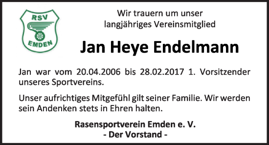 Traueranzeige von Jan Heye Endelmann von Emder Zeitung