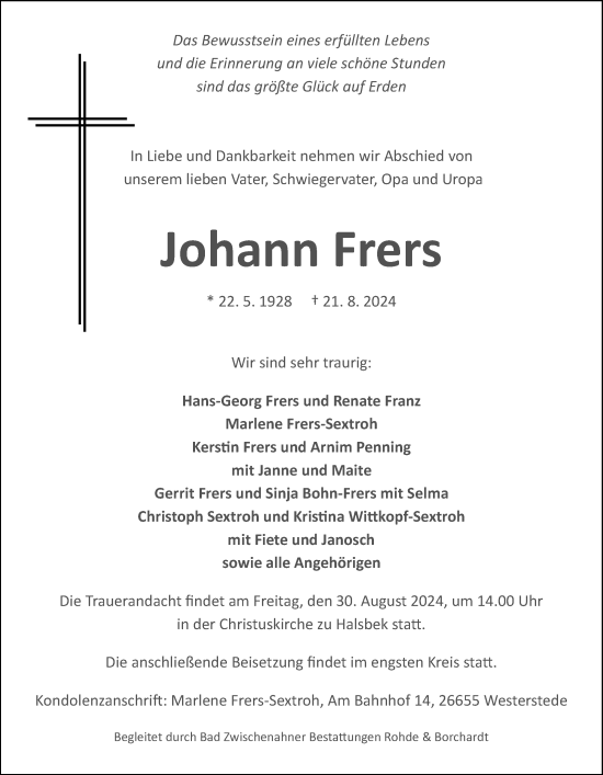 Traueranzeige von Johann Frers von Nordwest-Zeitung