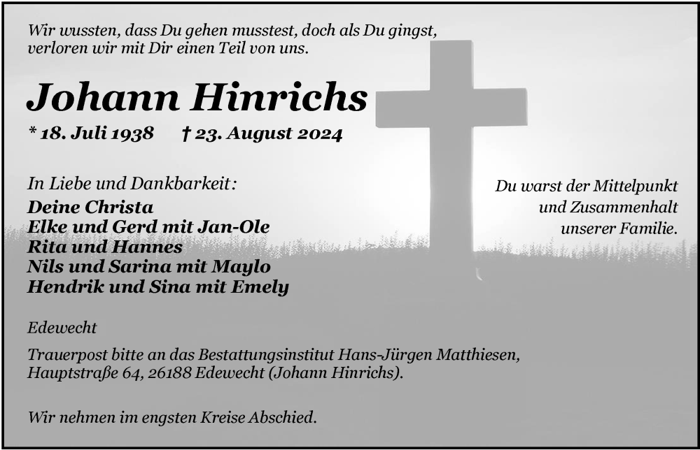  Traueranzeige für Johann Hinrichs vom 31.08.2024 aus Nordwest-Zeitung