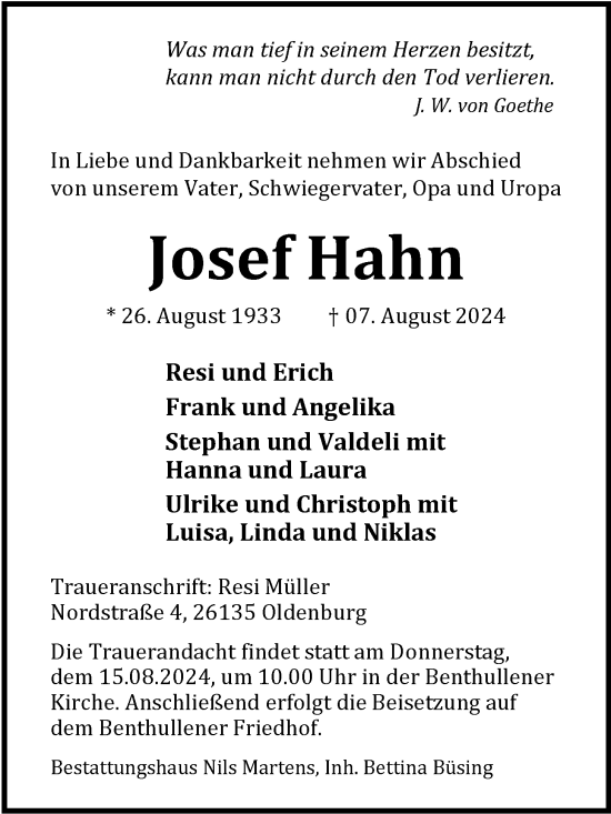 Traueranzeige von Josef Hahn von Nordwest-Zeitung