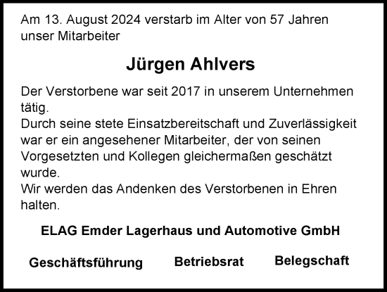 Traueranzeige von Jürgen Ahlvers von Nordwest-Zeitung