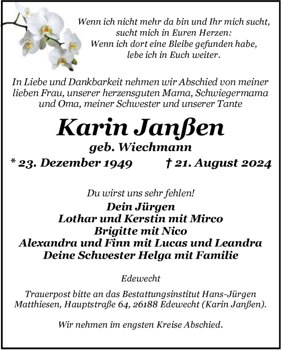 Traueranzeige von Karin Janßen von Nordwest-Zeitung