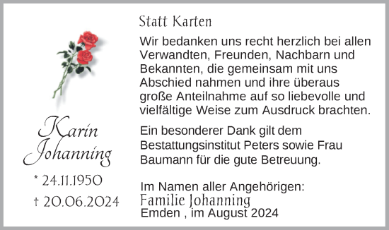 Traueranzeige von Karin Johanning von Emder Zeitung