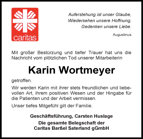 Traueranzeige von Karin Wortmeyer von Nordwest-Zeitung