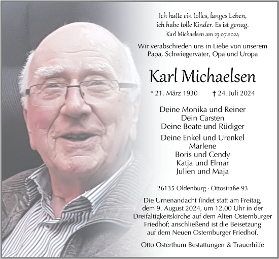 Traueranzeige von Karl Michaelsen von Nordwest-Zeitung