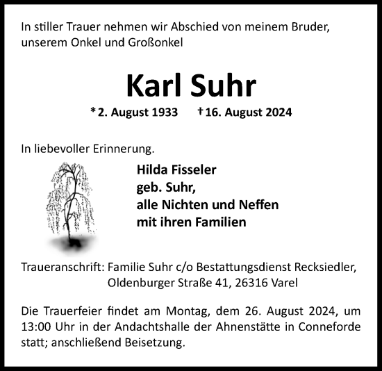 Traueranzeige von Karl Suhr von Nordwest-Zeitung