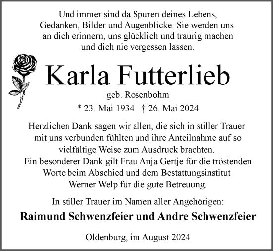 Traueranzeige von Karla Futterlieb von Nordwest-Zeitung