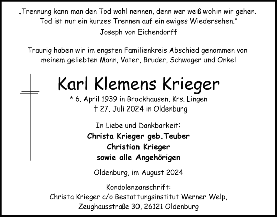 Traueranzeige von Karl Klemens Krieger von Nordwest-Zeitung