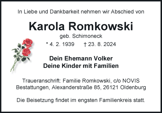 Traueranzeige von Karola Romkowski von WZ/JW/AH